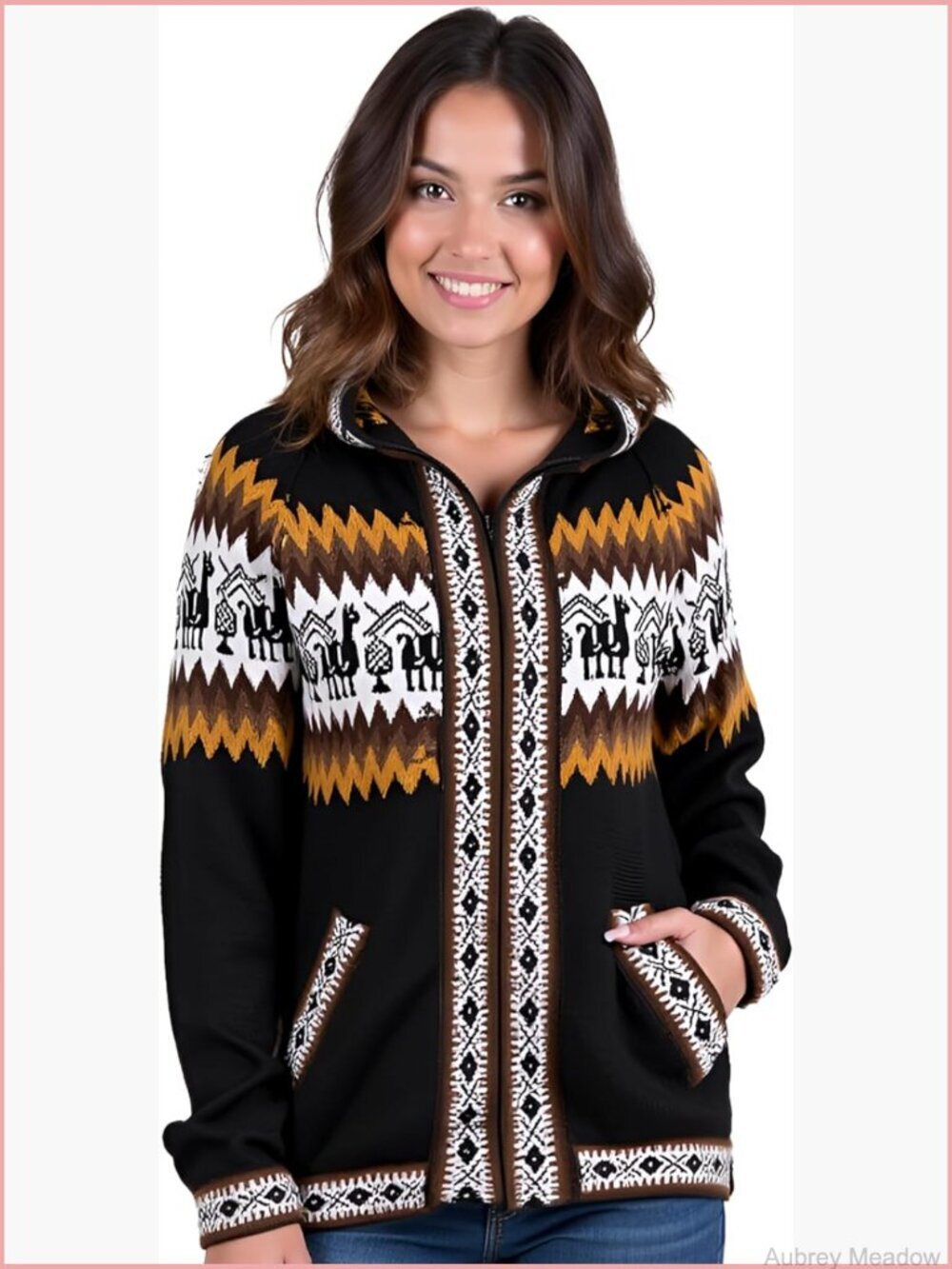 Full Zip Up Hooded Alpaca Wool Cardigan Sweater with Andean Design